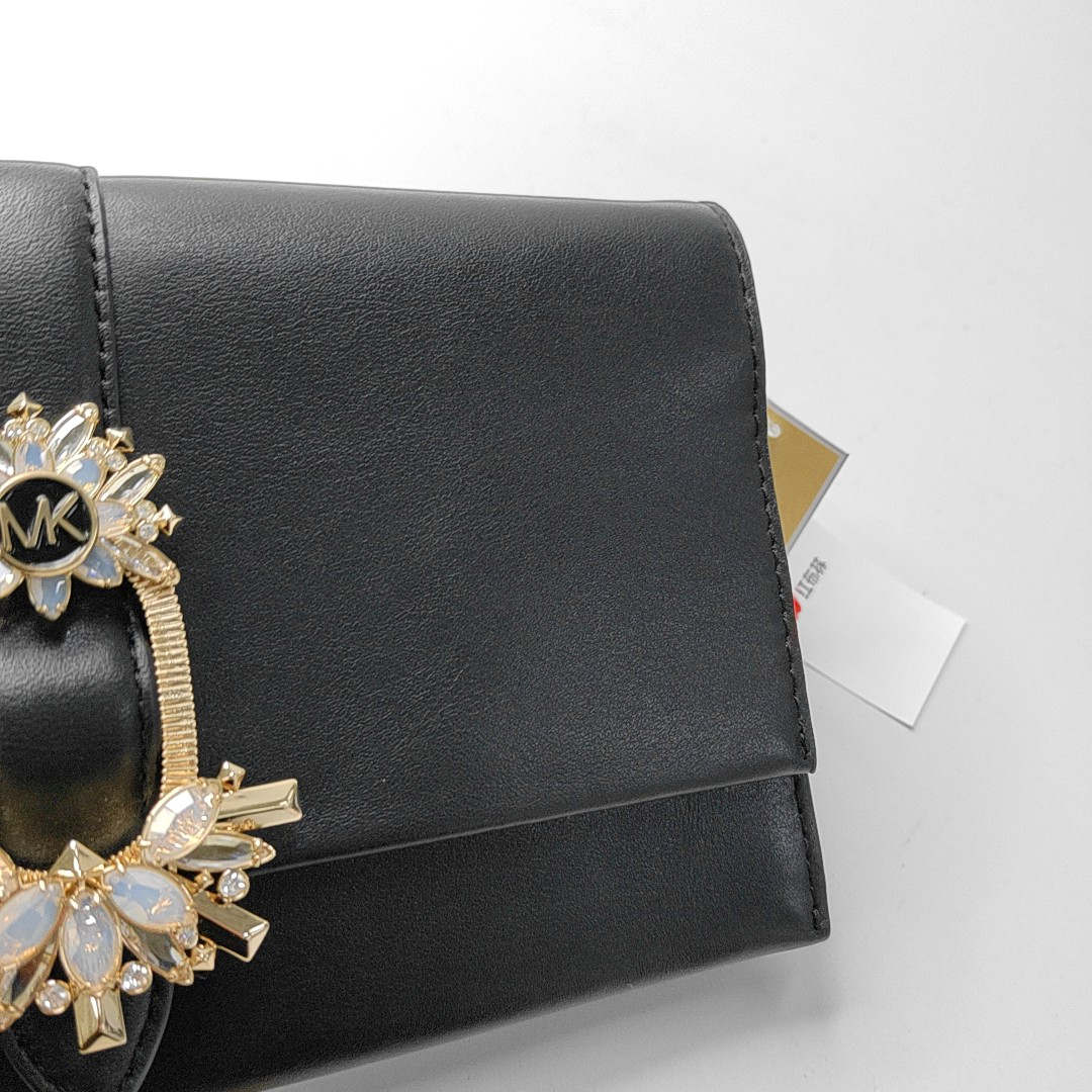 MICHAEL KORS Black Leather Embellished Shoulder Bag Crossbody Golden hardware Removable shoulder strap-(SKU)-942807098