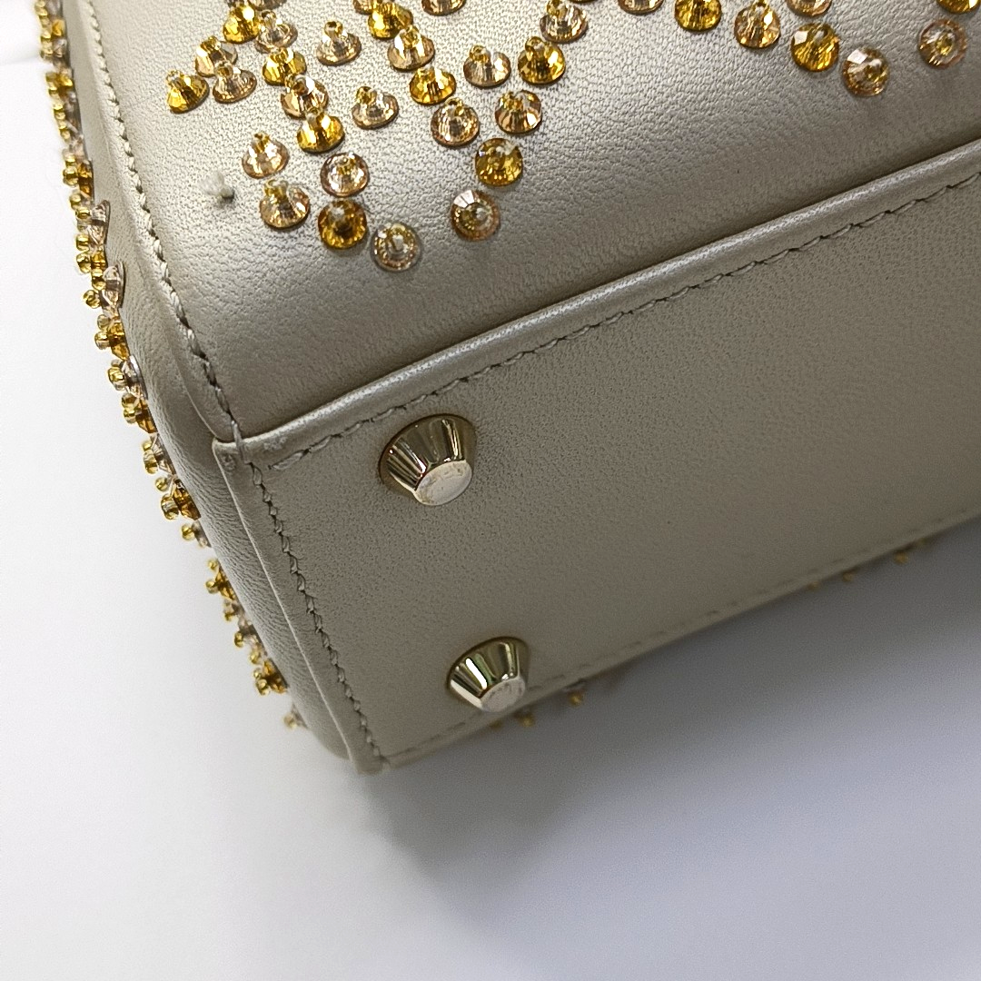 DIOR Lady Dior mini champagne lamb skin Cannage pattern three-compartment crossbody bag, shoulder bag with gold hardware and detachable strap-(SKU)-963332269