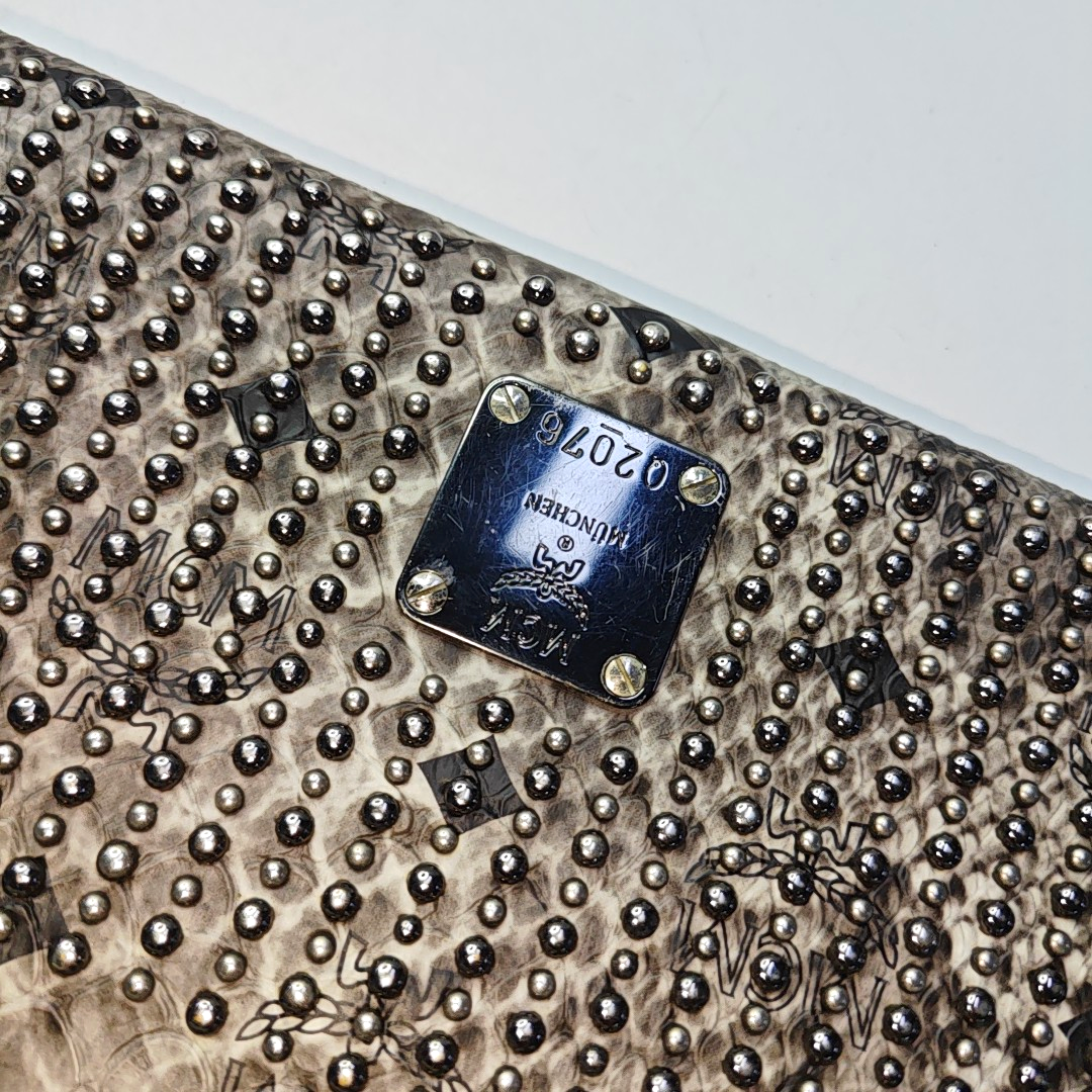 MCM Gray Coated Canvas Monogram Studs Clutch Silver Hardware-(SKU)-936462399