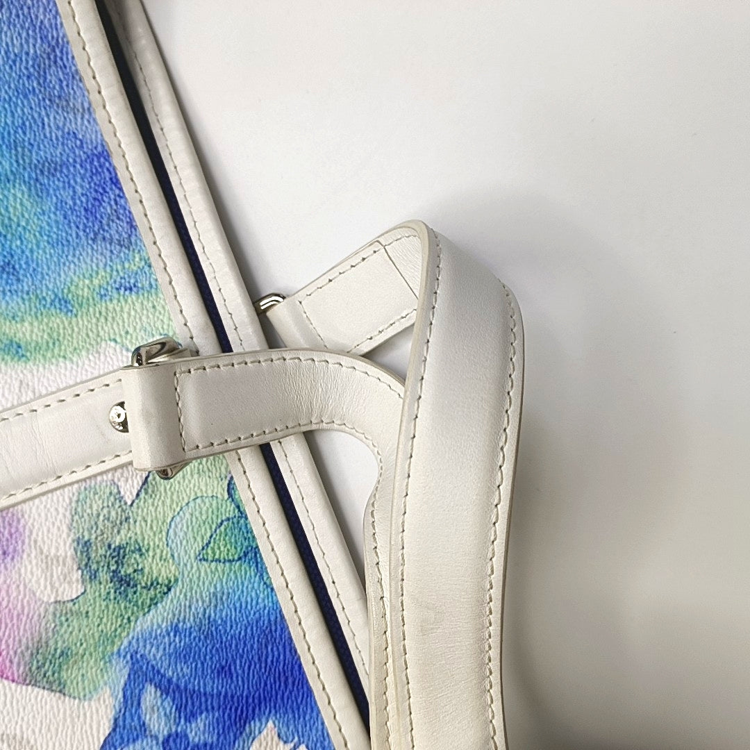 LOUIS VUITTON WEEK-END Large size white coated canvas Monogram vintage print single shoulder bag with handle, silver hardware, interior pocket, removable shoulder strap-(SKU)-965602289