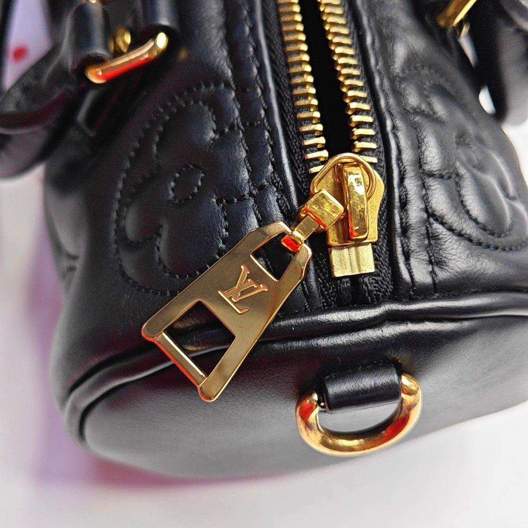 LOUIS VUITTON PAPILLON BB Black Leather Monogram Quilted Boston Bag Single Shoulder Bag, Handbag, Crossbody Bag, Gold Hardware, 2 Detachable Shoulder Straps-(SKU)-966453968