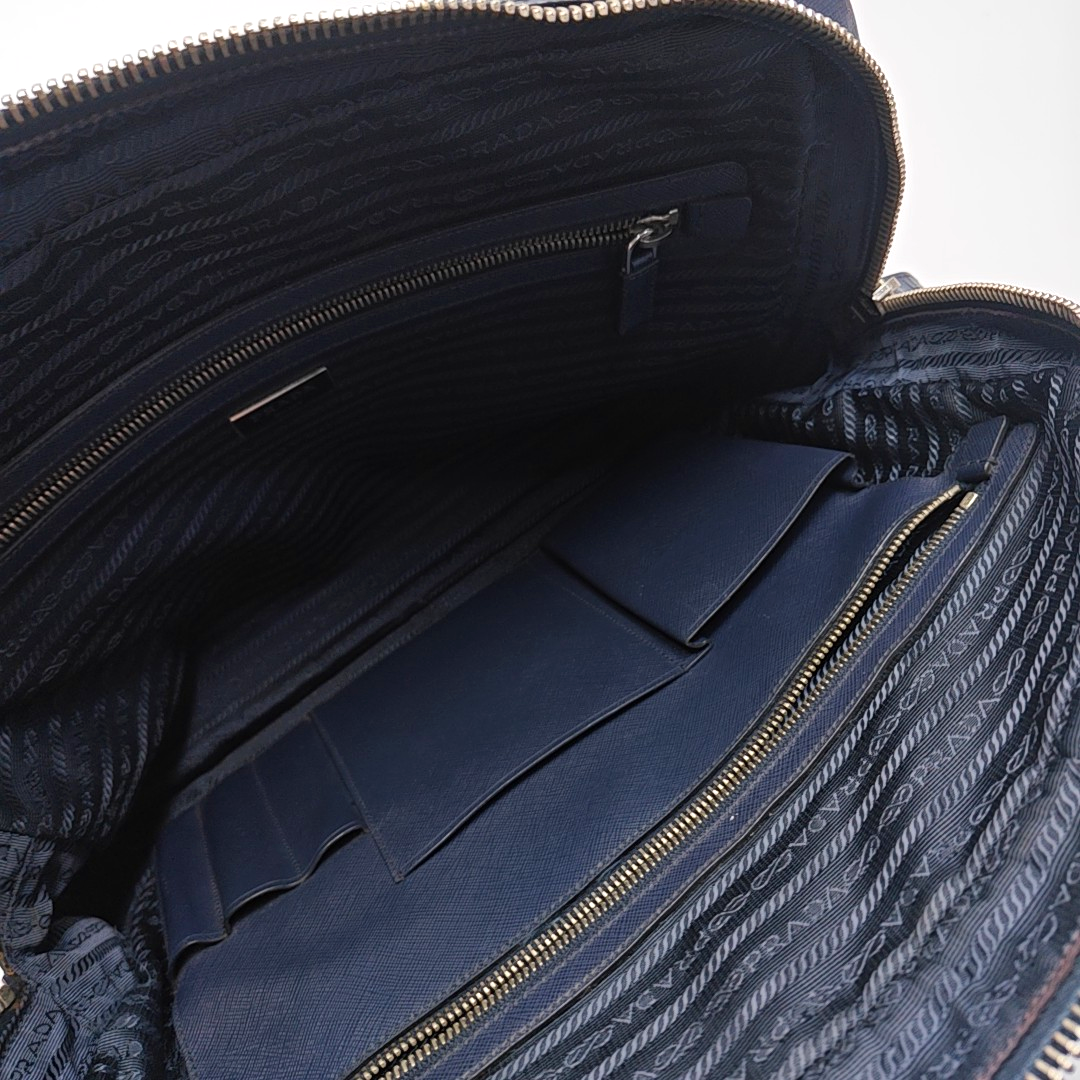 PRADA Vitello Dark blue leather logo crocodile texture handbag Silver Hardware-(SKU)-946699798
