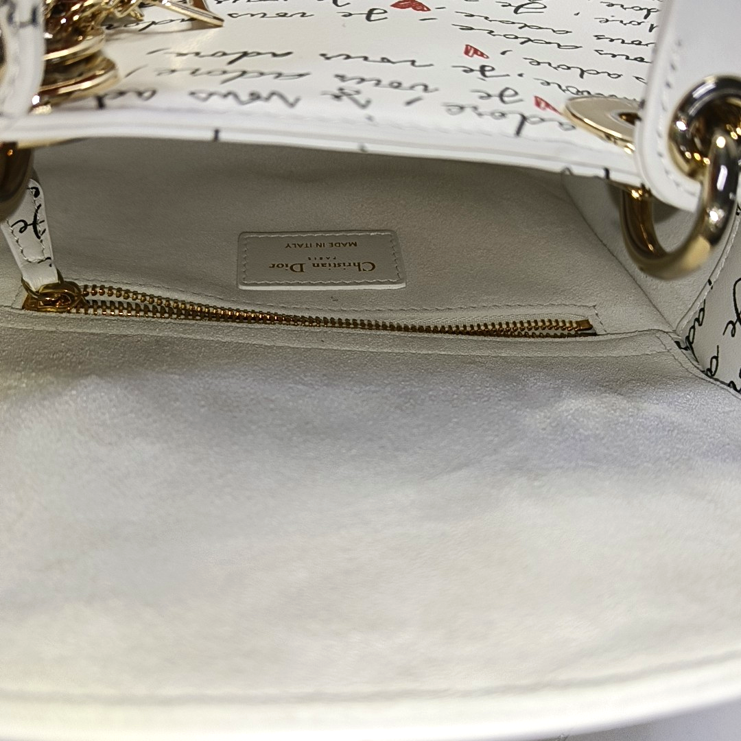 DIOR Lady Dior Small White Calfskin Printed Shoulder Bag Tote Crossbody Bag with Detachable Strap Gold Red Hardware-(SKU)-952283024