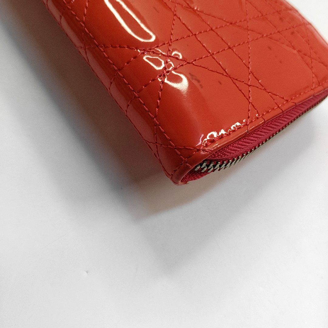DIOR Lady Dior Red patent leather wicker pattern quilted wallet Golden hardware-(SKU)-945065064