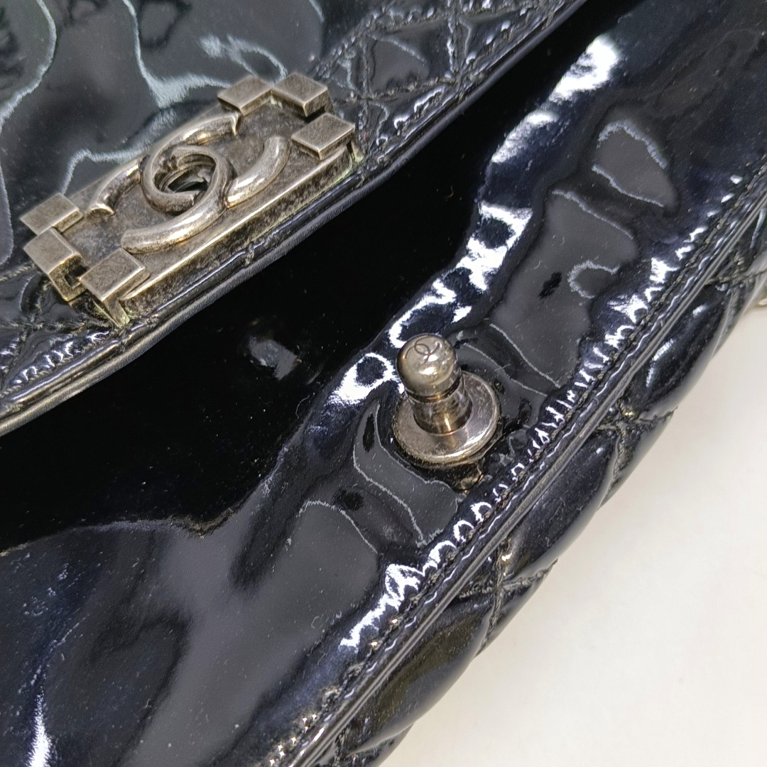 CHANEL BOY CHANEL Large Black Patent Leather Quilted Diagonal Shoulder Bag with Detachable Strap-(SKU)-14067527