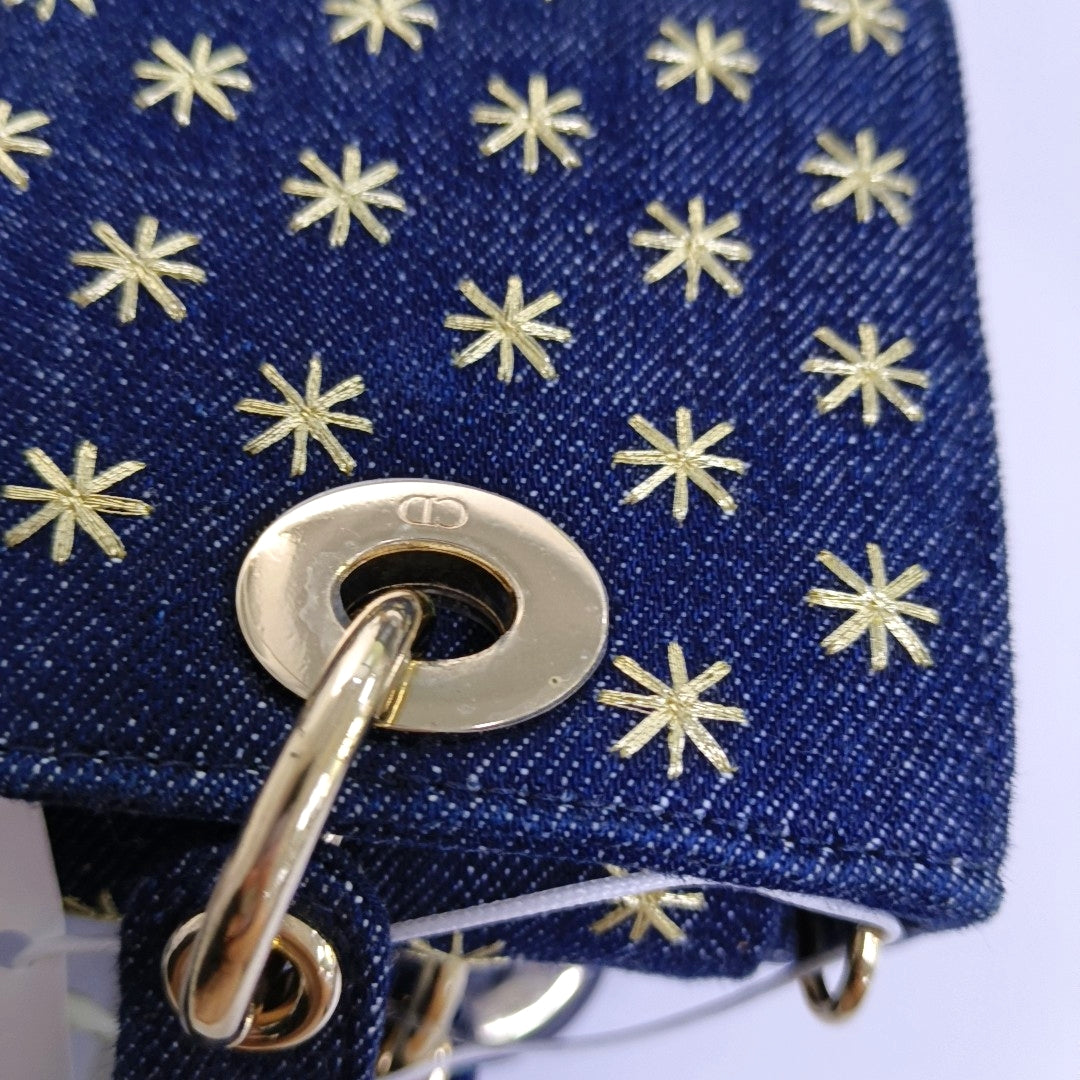 DIOR Lady D-Joy Super Mini Blue Denim Embroidered Crossbody Shoulder Bag Tote Bag Golden Hardware 2 Removable Shoulder Straps Complete Accessories-(SKU)-965662345