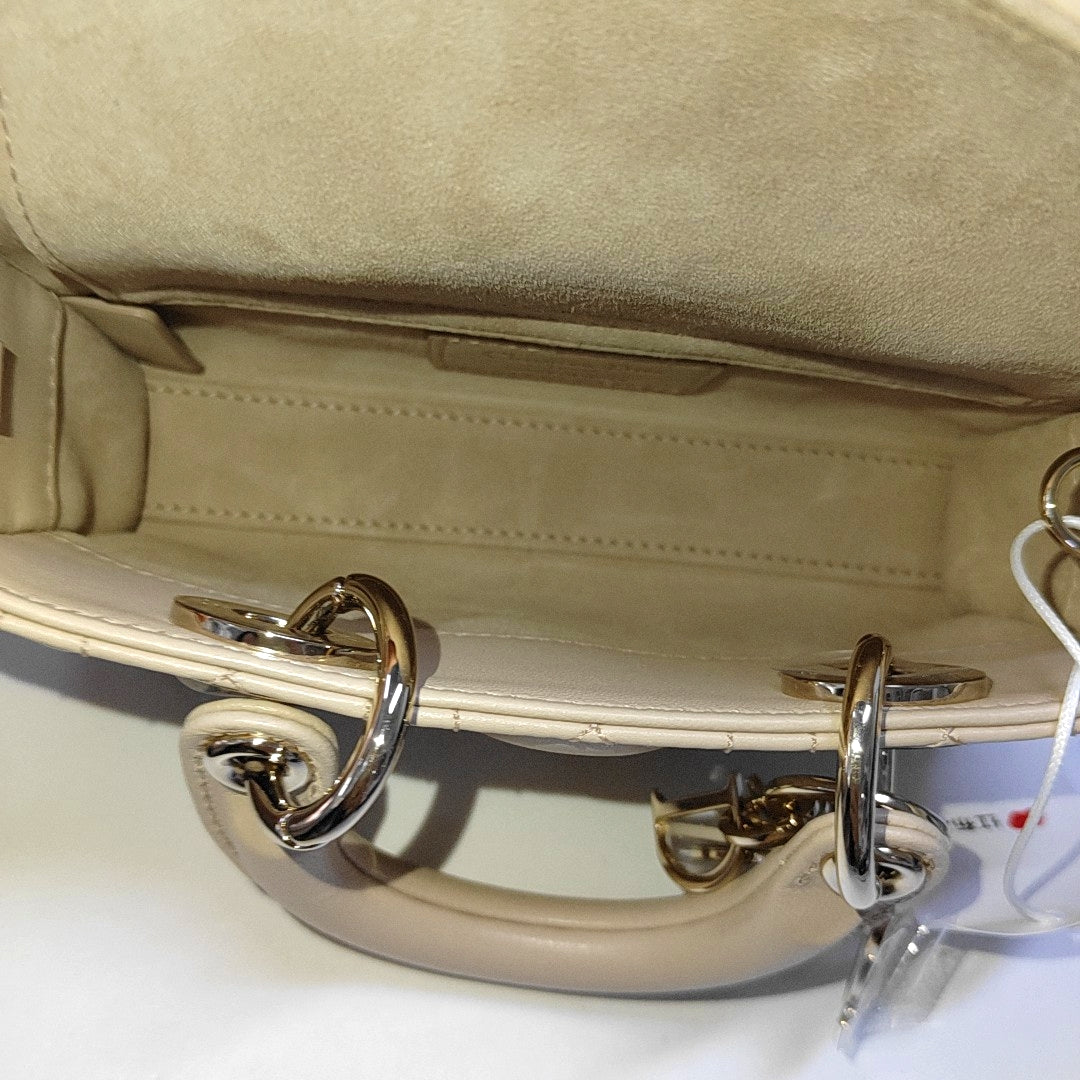 DIOR Lady D-Joy Super mini size beige lamb leather diamond quilting crossbody bag shoulder bag handbag golden hardware 2 detachable shoulder straps-(SKU)-966635489