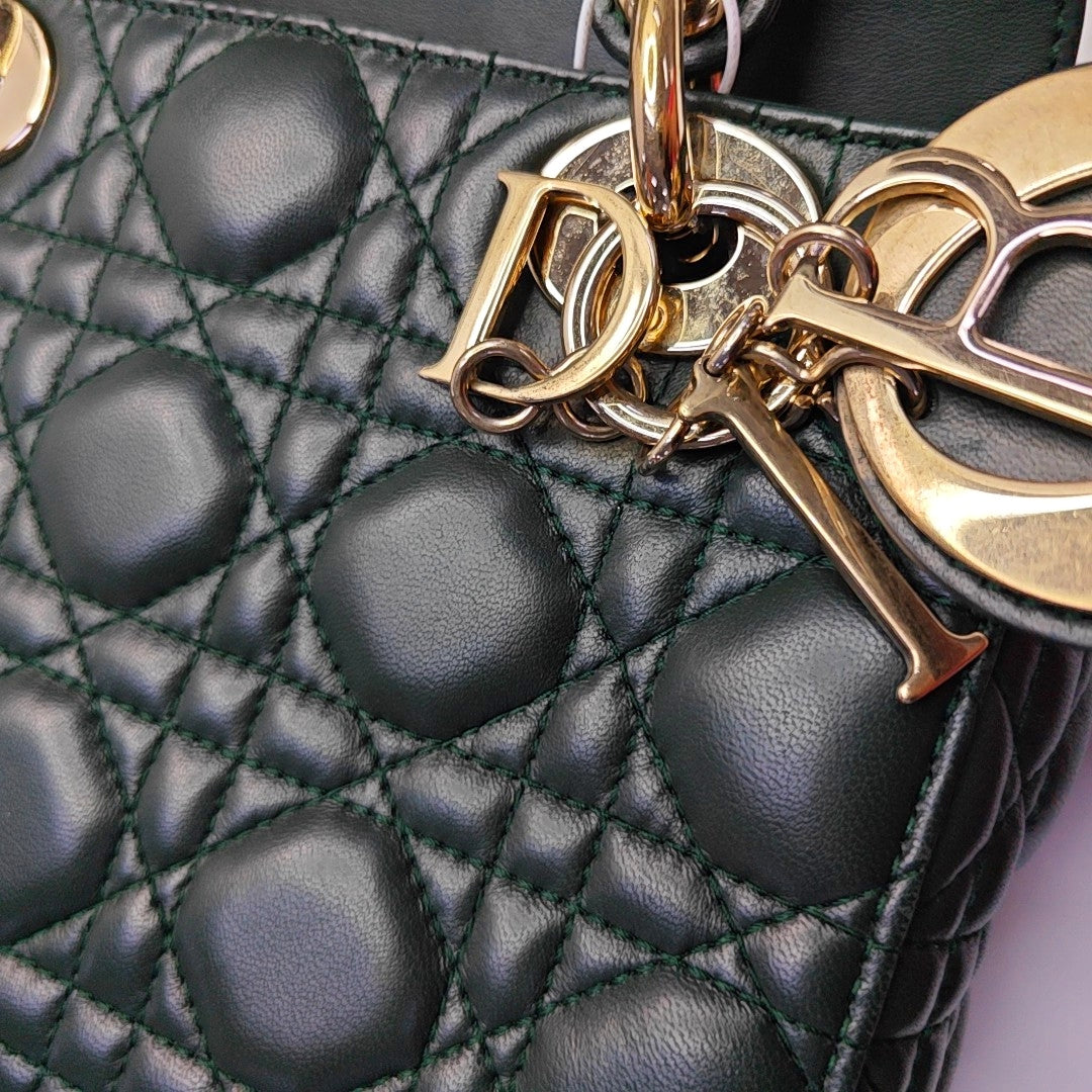 DIOR Lady Dior Small Dark Green Lamb Skin Quilted Diagonal Bag 4-Compartment Single Shoulder Bag Crossbody Handbag with Gold Hardware and Removable Shoulder Strap-(SKU)-968076065
