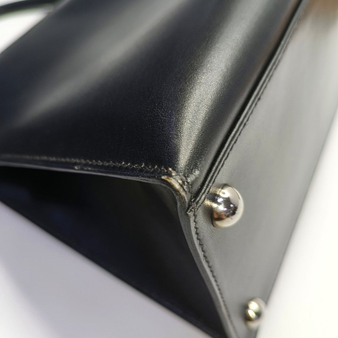 HERMÈS Dalvy, black BOX leather handbag, silver hardware, vintage model-(SKU)-968352892