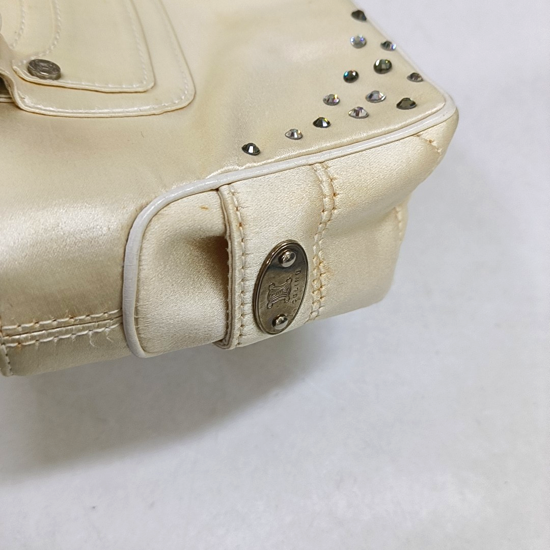 CELINE BOOGIE Beige Satin Studs Handbag Silver Hardware-(SKU)-950400052
