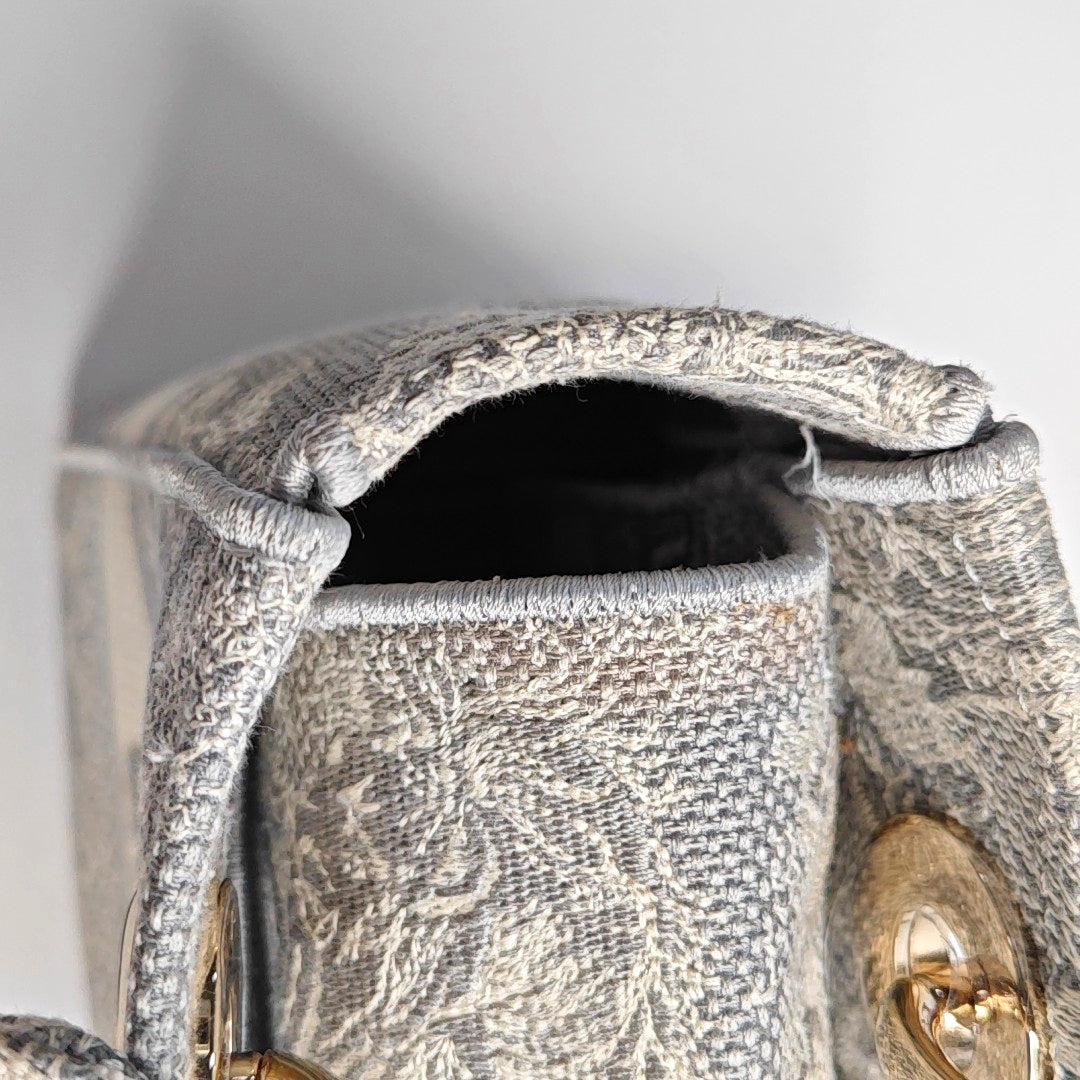 DIOR Lady D-Lite medium size grey fabric embroidered handbag gold hardware detachable shoulder strap-(SKU)-965432994