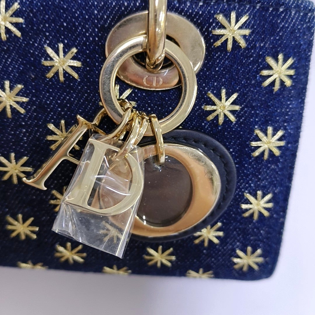 DIOR Lady D-Joy Super Mini Blue Denim Embroidered Crossbody Shoulder Bag Tote Bag Golden Hardware 2 Removable Shoulder Straps Complete Accessories-(SKU)-965662345