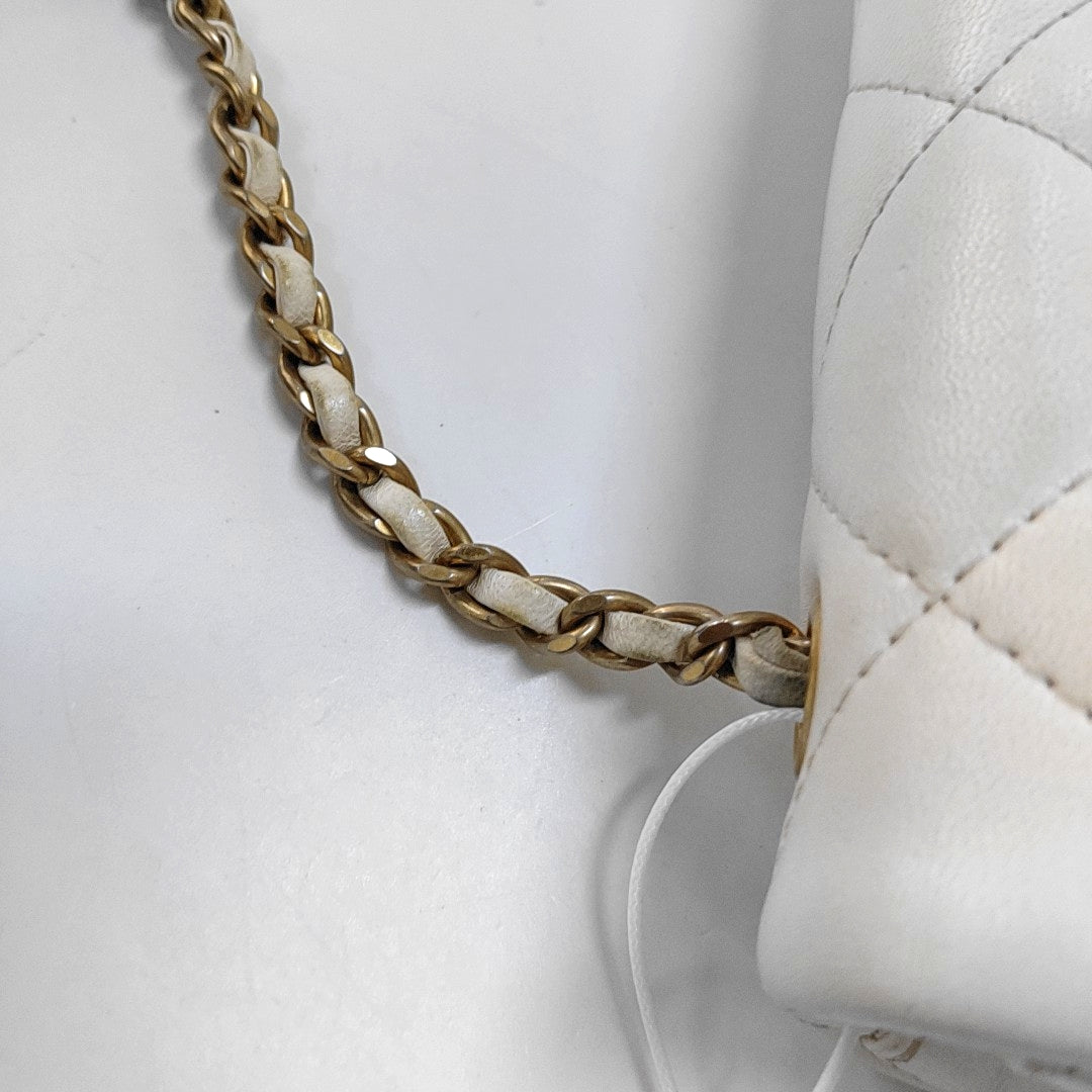 CHANEL CLASSIC FLAP Mini White Lamb Skin Quilted Crossbody Shoulder Bag with Gold Hardware-(SKU)-967034781