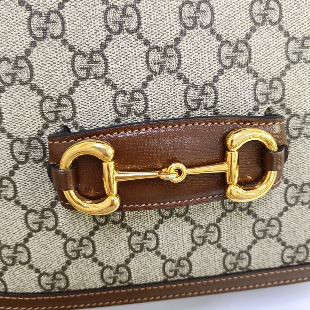 GUCCI Horsebit 1955 Small Beige Coated Canvas Monogram Saddle Bag with Gold Hardware, Complete Accessories-(SKU)-966125952