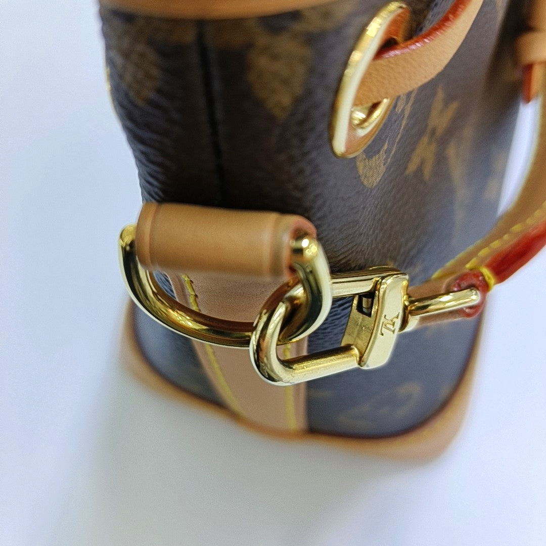 LOUIS VUITTON NOÉ Nano Brown Coated Canvas Monogram Bucket Bag Crossbody Handbag Single Shoulder Bag Removable Strap Gold Hardware 2 Removable Straps-(SKU)-968563744