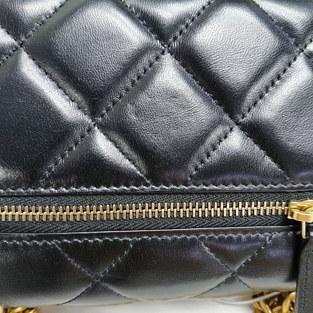 CHANEL WOC Black Lamb Skin Quilted Intrecciato Crossbody Bag, Shoulder Bag, Golden Hardware, 31 Clasp-(SKU)-970987317