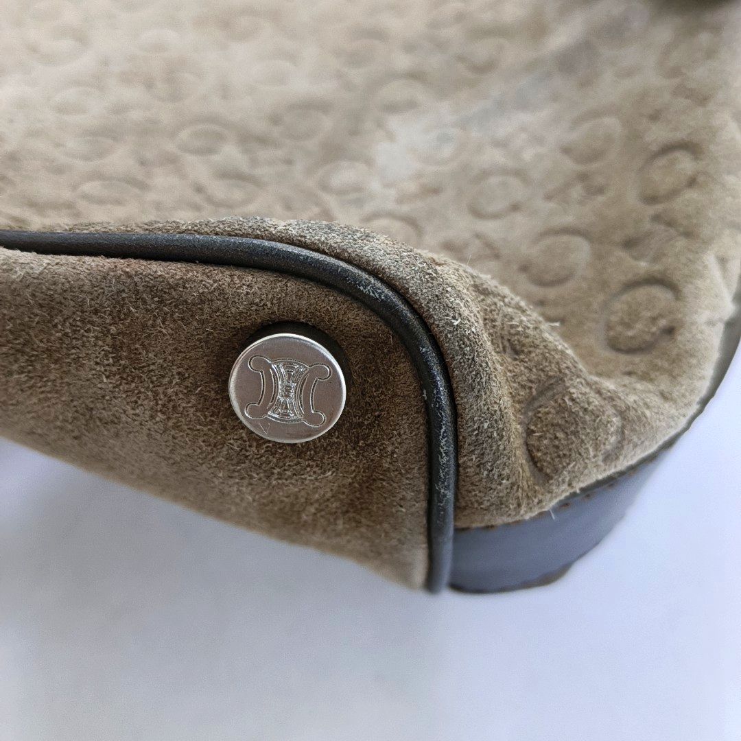 CELINE Khaki Velvet Leather Triumph Arch Embossed Single Shoulder Bag Handbag Silver Hardware-(SKU)-958683892