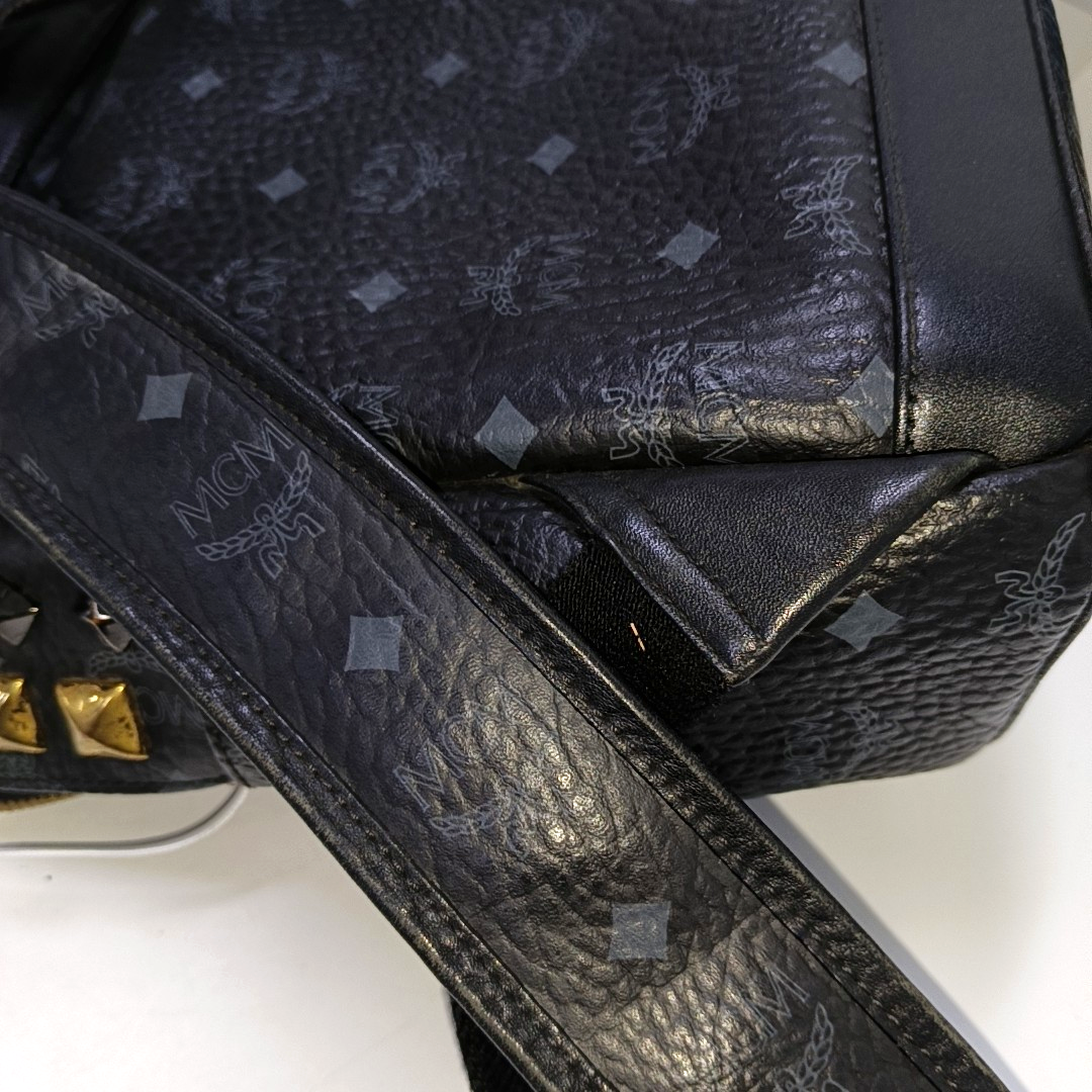 MCM STARK Small size Black Coated Canvas Monogram Studs Backpack Golden hardware-(SKU)-942517154