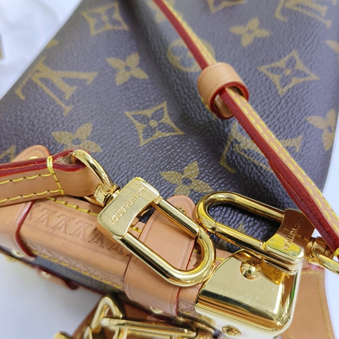 LOUIS VUITTON SIDE TRUNK Small Size Brown Coated Canvas Monogram Embossed Riveted Soft Box Shoulder Bag Tote Bag Crossbody Bag Gold Hardware Two Removable Straps-(SKU)-967707192