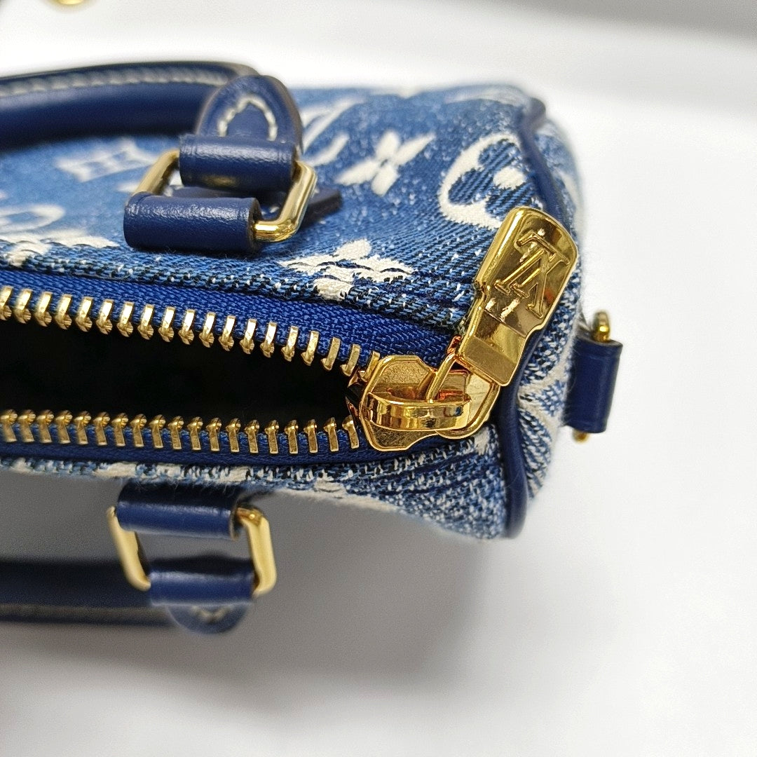LOUIS VUITTON SPEEDY Nano Deep Blue Denim Monogram Boston Bag Shoulder Bag Tote Bag Crossbody Bag Gold Hardware Removable Strap-(SKU)-970980154