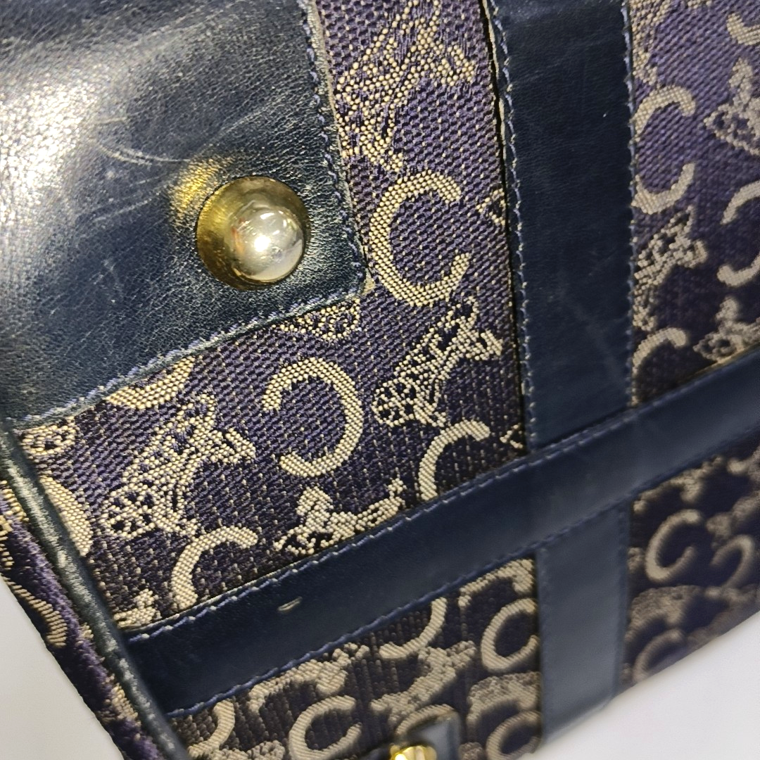 CELINE Dark Blue Canvas Triumphal Arch Handbag Golden hardware-(SKU)-933886003