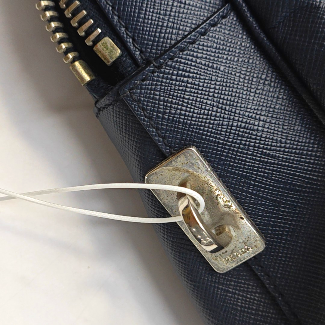 PRADA Vitello Dark blue leather logo crocodile texture handbag Silver Hardware-(SKU)-946699798
