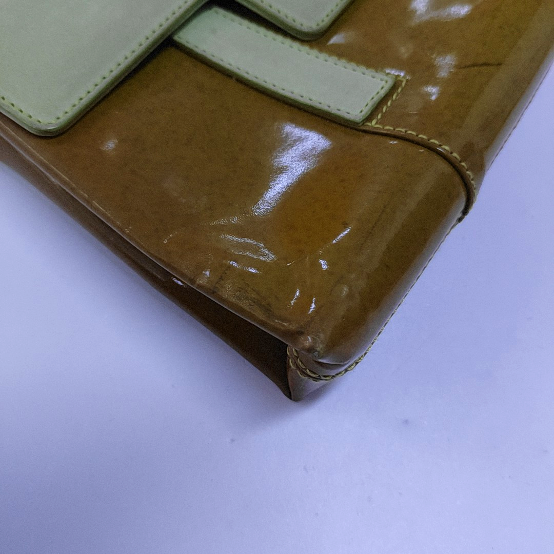 BVLGARI Yellow Green Patent Leather Handbag Single Shoulder Bag Silver Hardware Removable shoulder strap-(SKU)-960012647