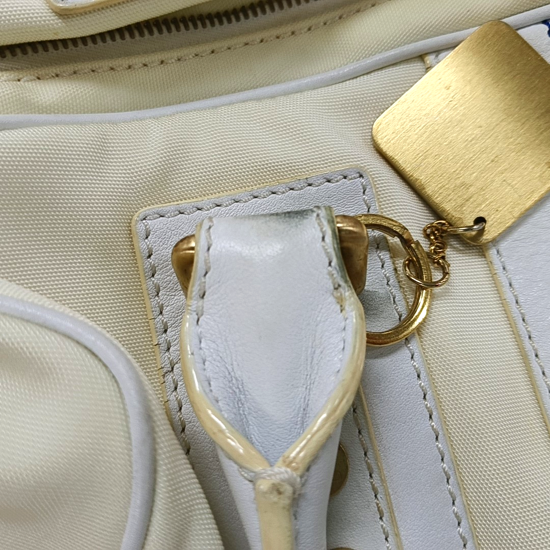 CELINE White Canvas Printed Single Shoulder Bag Handbag Golden hardware-(SKU)-13501989