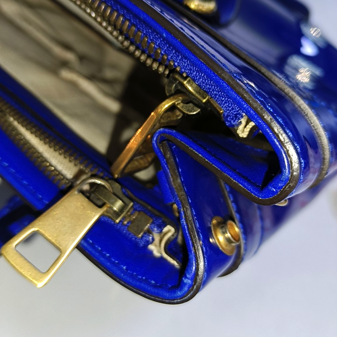 GUCCI Bright Bit Navy Blue Patent Leather Buckle Shoulder Bag Tote Crossbody Golden hardware Removable shoulder strap-(SKU)-939934256