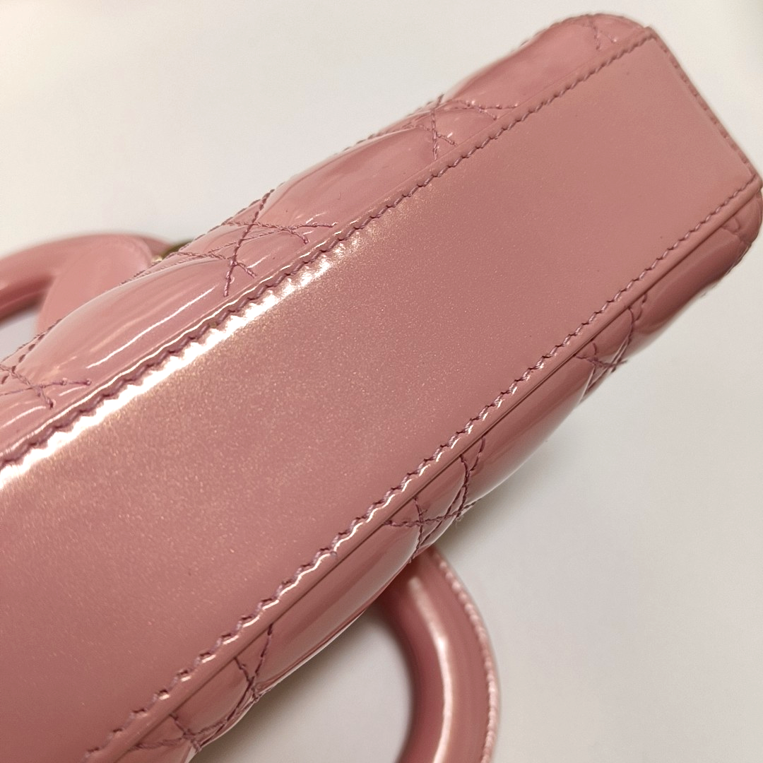 DIOR Lady D-Joy Small Pink Patent Leather Quilted Cannage Five-Panel Shoulder Bag with Detachable Strap, Gold Hardware-(SKU)-955755795