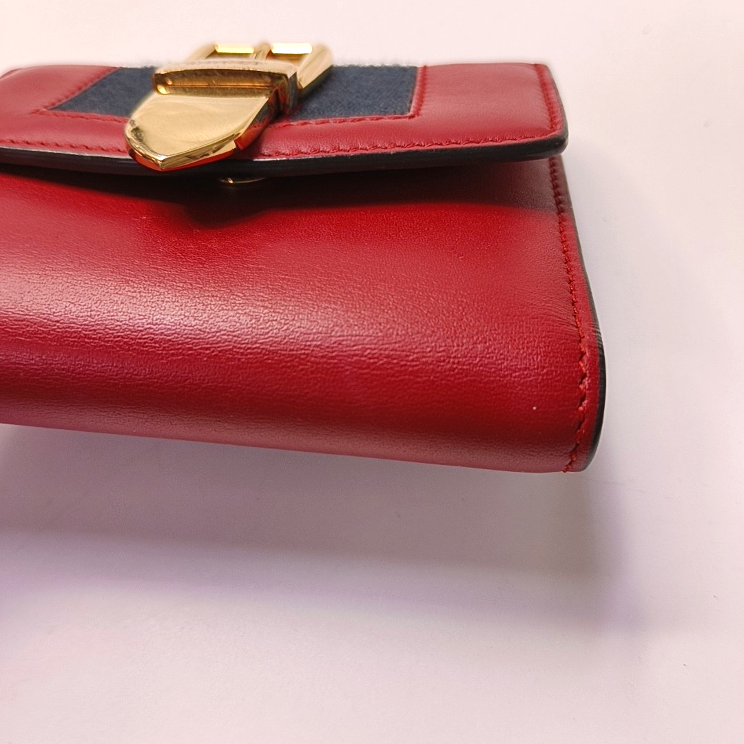 GUCCI Sylvie Red Leather Striped Strap Serb Wallet Golden hardware-(SKU)-946899209