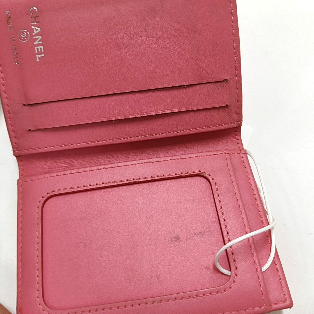 CHANEL Tangerine-Pink Patent Leather Diamond Quilted Card Holder Silver Hardware 21nan-(SKU)-959930843