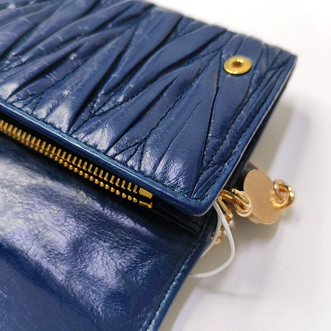 Miu Miu Dark Blue Sheepskin Stitched Wallet Golden hardware-(SKU)-950467224