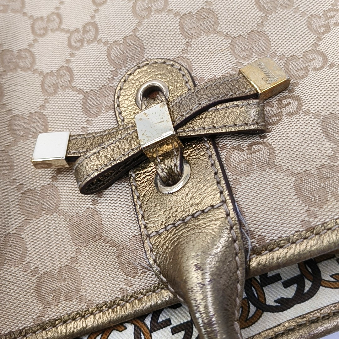 GUCCI Princy Khaki Canvas Monogram Tote Bag Single Shoulder Bag Golden hardware-(SKU)-960034961