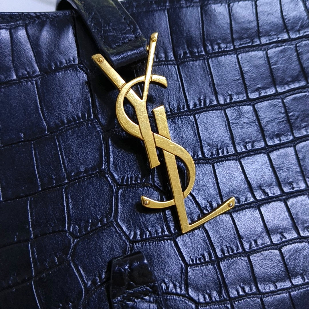 YSL LE 5 À 7 Black Calf Leather Crocodile Embossed Handbag Single Shoulder Bag Golden Hardware-(SKU)-965773000