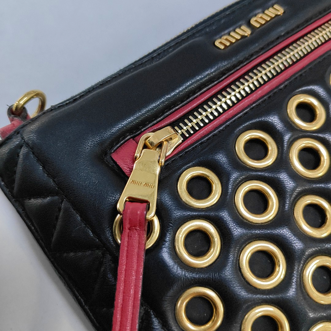 Miu Miu Black Sheepskin Quilted Studs Crossbody Shoulder Bag Clutch Golden hardware Removable shoulder strap-(SKU)-949793506