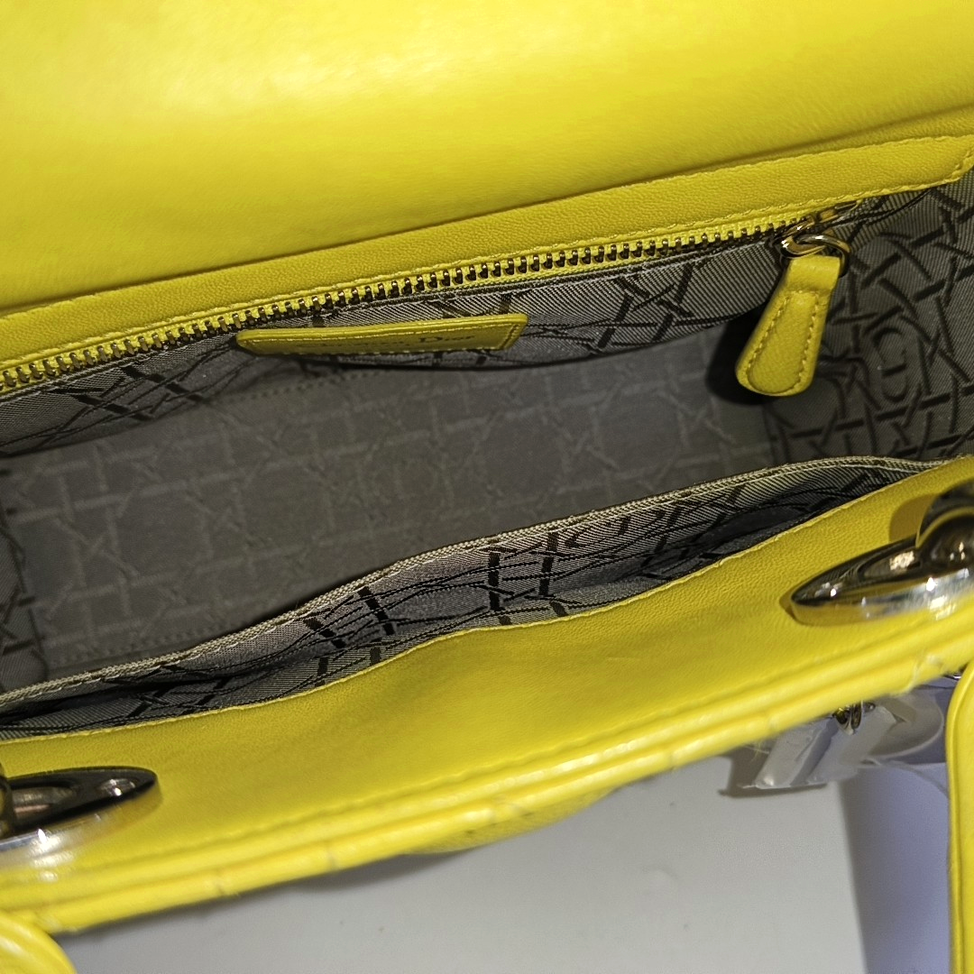DIOR Lady Dior Small Size Yellow Lamb Skin Cannage Quilted Diaper Bag Crossbody Shoulder Bag Handbag Silver Hardware Removable Strap-(SKU)-962480744