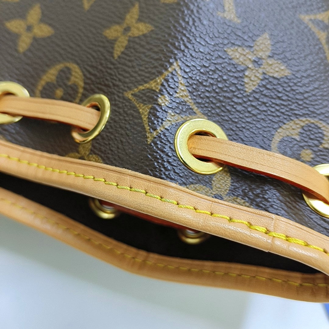 LOUIS VUITTON NOÉ Nano Brown Coated Canvas Monogram Bucket Bag Crossbody Handbag Single Shoulder Bag Removable Strap Gold Hardware 2 Removable Straps-(SKU)-968563744