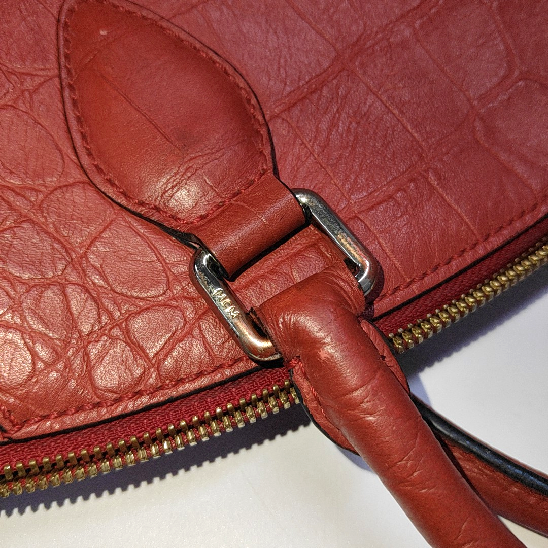 MCM Red Leather Textured Tote Bag Silver Hardware-(SKU)-933876328