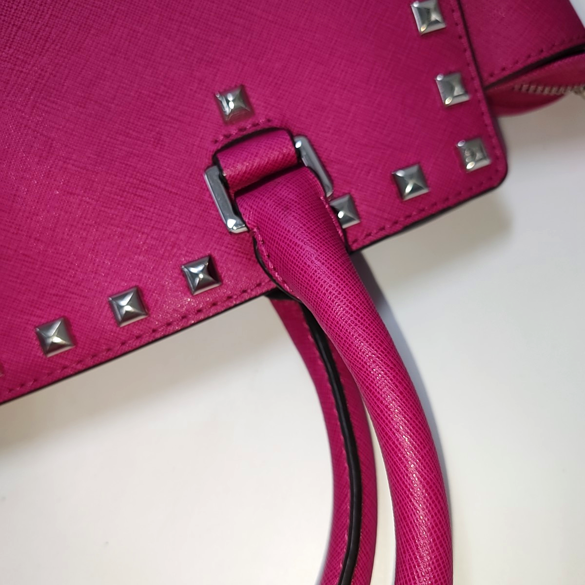 MICHAEL KORS Selma Blush Pink Leather Embossed Studs Single Shoulder Bag Tote Bag Silver Hardware Removable shoulder strap-(SKU)-940156250