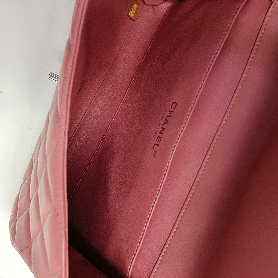 CHANEL CLASSIC FLAP Pink Lamb Leather Quilted Chevron Shoulder Bag Silver Hardware 18 Openings Complete Accessories-(SKU)-969451991