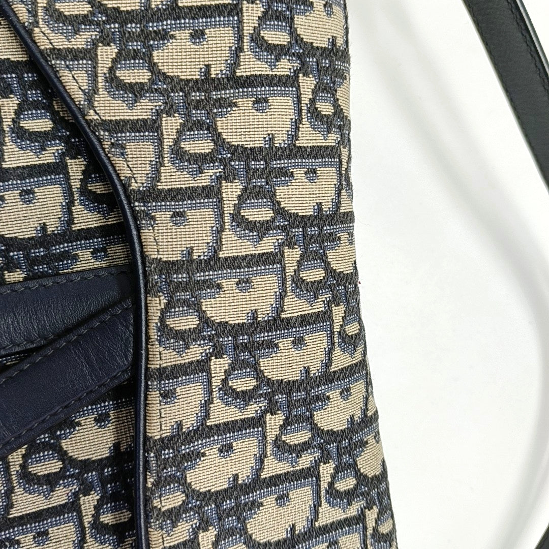 DIOR Saddle Small Blue Canvas Monogram Damier Embossed Saddle Bag, Shoulder Bag, Golden Hardware, Removable Strap-(SKU)-971349303