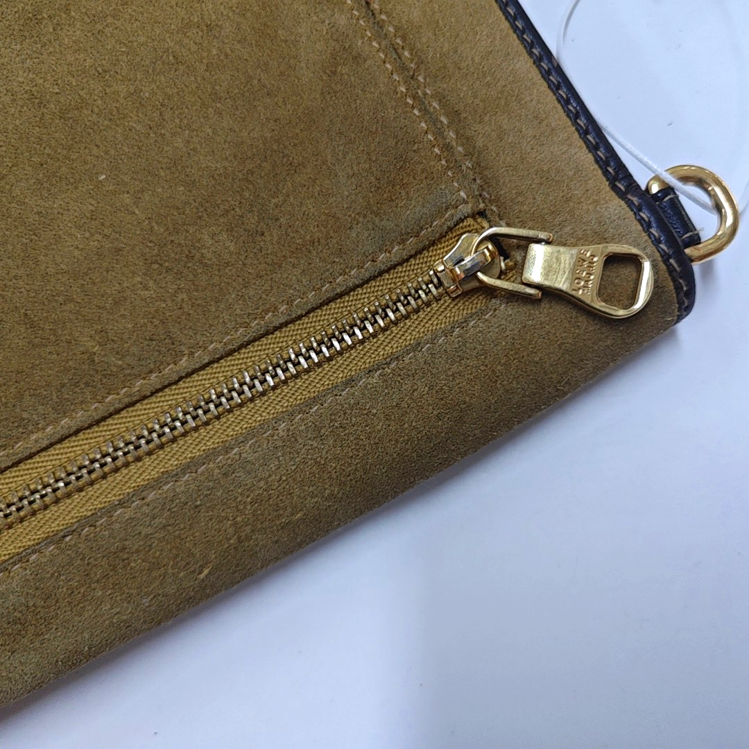 LOEWE Khaki Suede Hand Clutch Golden hardware-(SKU)-947576962