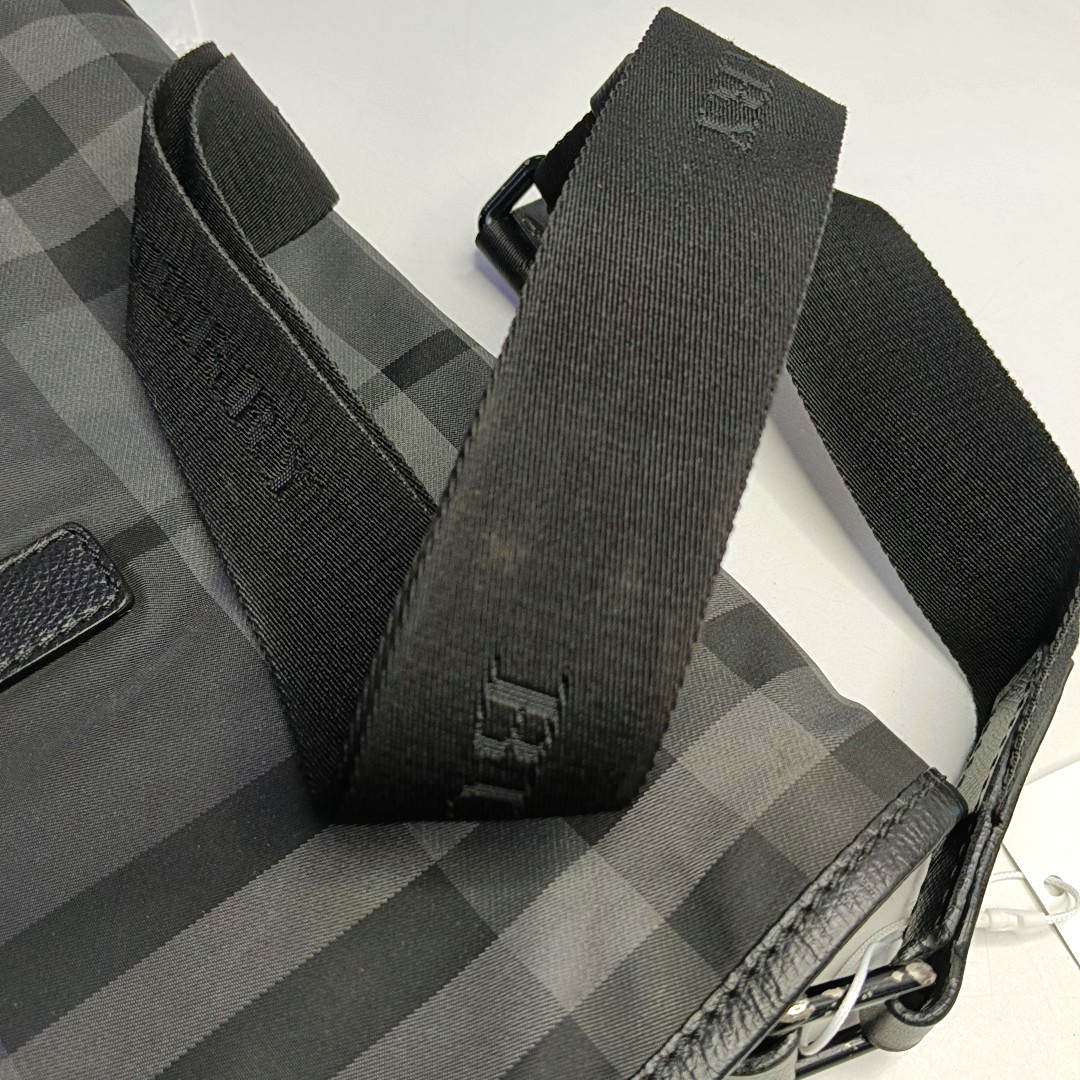 BURBERRY Dark Gray Nylon Battle Horse Plaid Single Shoulder Bag Crossbody Bag Ruthenium color hardware-(SKU)-958749400