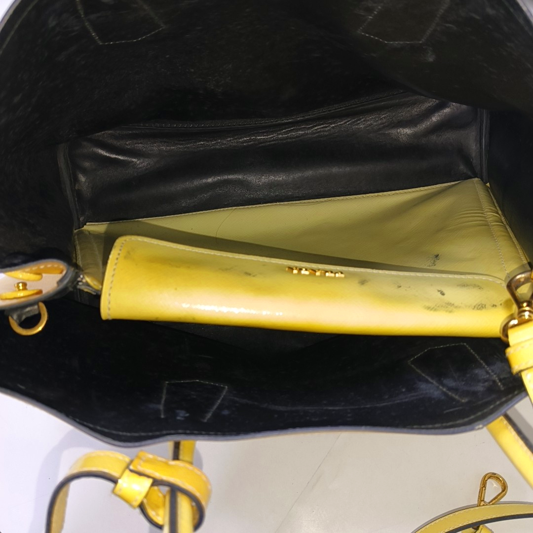 PRADA Double Yellow cowhide logo cross-grain shoulder bag Golden hardware Removable shoulder strap-(SKU)-945527362