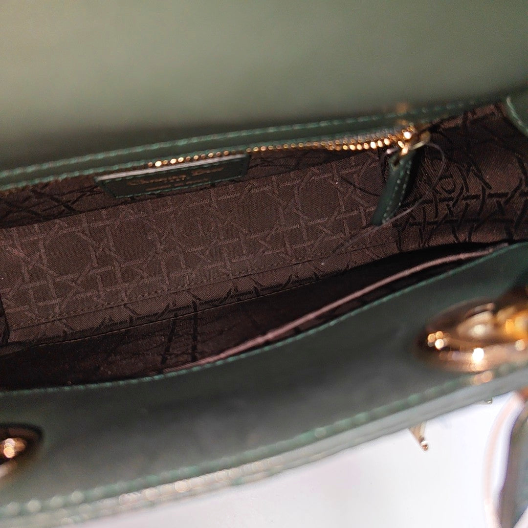 DIOR Lady Dior Small Dark Green Lamb Skin Quilted Diagonal Bag 4-Compartment Single Shoulder Bag Crossbody Handbag with Gold Hardware and Removable Shoulder Strap-(SKU)-968076065