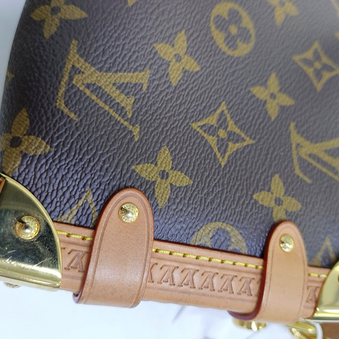 LOUIS VUITTON SIDE TRUNK Small Size Brown Coated Canvas Monogram Embossed Riveted Soft Box Shoulder Bag Tote Bag Crossbody Bag Gold Hardware Two Removable Straps-(SKU)-967707192