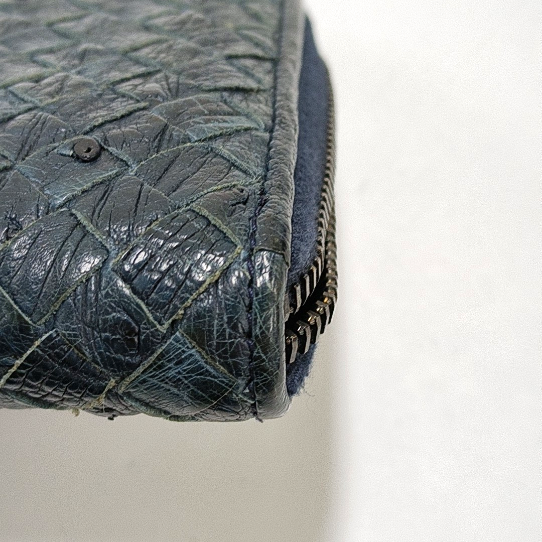 BOTTEGA VENETA Navy Blue Cowhide Braided Wallet Black hardware-(SKU)-952345115