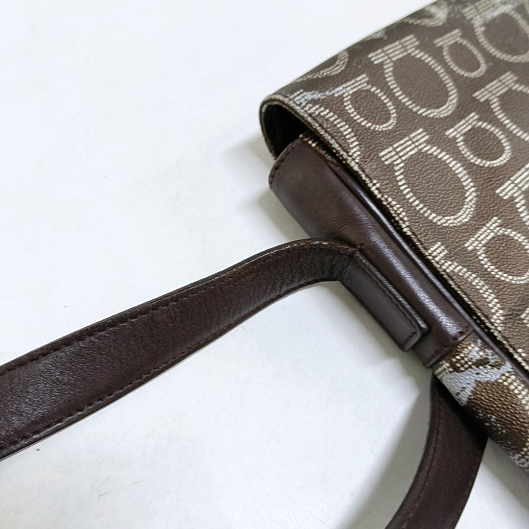 FERRAGAMO Dark Brown Coated Canvas Print Single Shoulder Bag Crossbody Bag Silver Hardware-(SKU)-952089727
