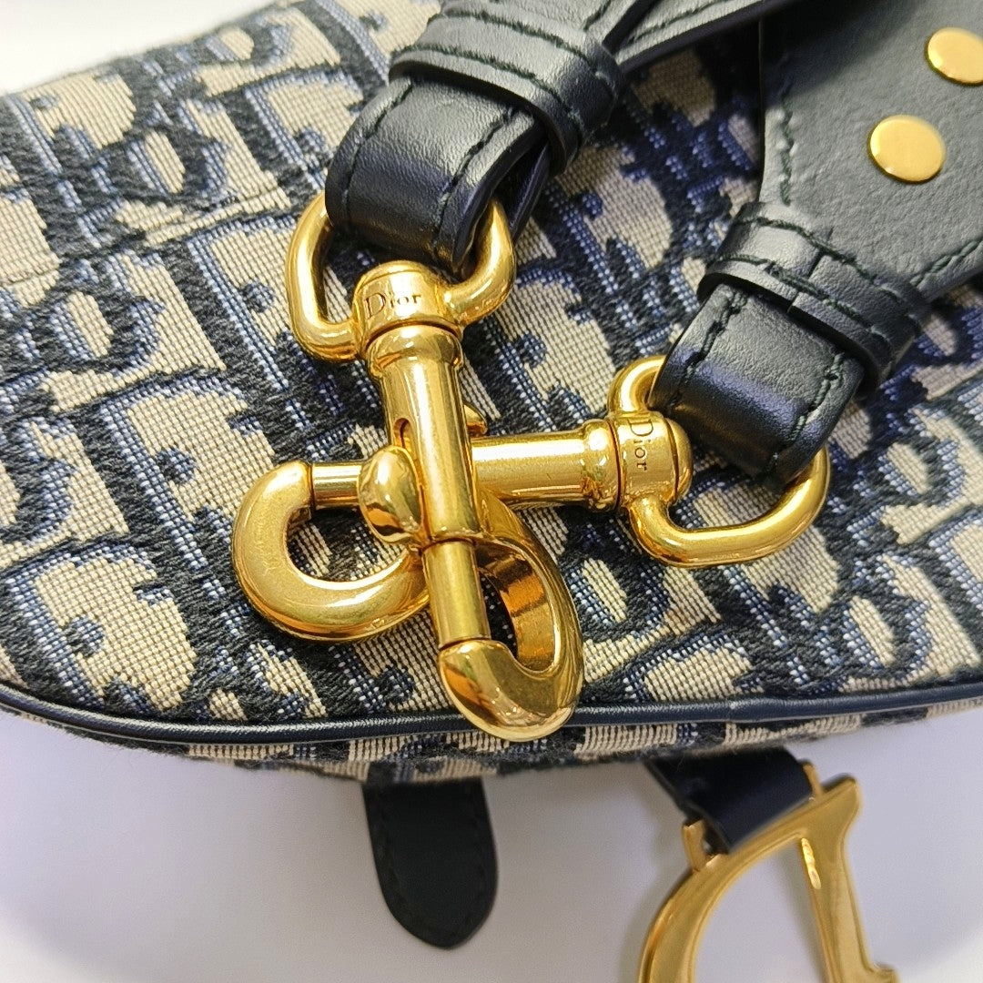 DIOR Saddle Blue Canvas Monogram Saddle Bag Handbag Shoulder Bag Crossbody Bag with Gold Hardware Removable Strap-(SKU)-969434186